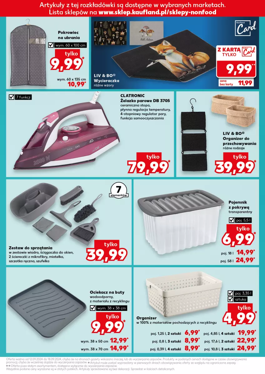 Gazetka promocyjna Kaufland - Kaufland - ważna 12.09 do 18.09.2024 - strona 11 - produkty: Buty, Ociekacz, Organizer, Pojemnik, Pokrowiec, Pokrowiec na ubrania, Por, Szczotka, Szufelka, Top, Tran, Ubrania, Wiadro, Wycieraczka