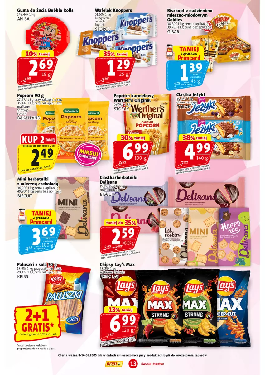 Gazetka promocyjna Prim Market - ważna 02.05 do 07.05.2025 - strona 13 - produkty: Bakalland, Chipsy, Ciastka, Gin, Guma do żucia, Herbatniki, Jeżyki, Knoppers, Popcorn, Por, Ser, Wafelek