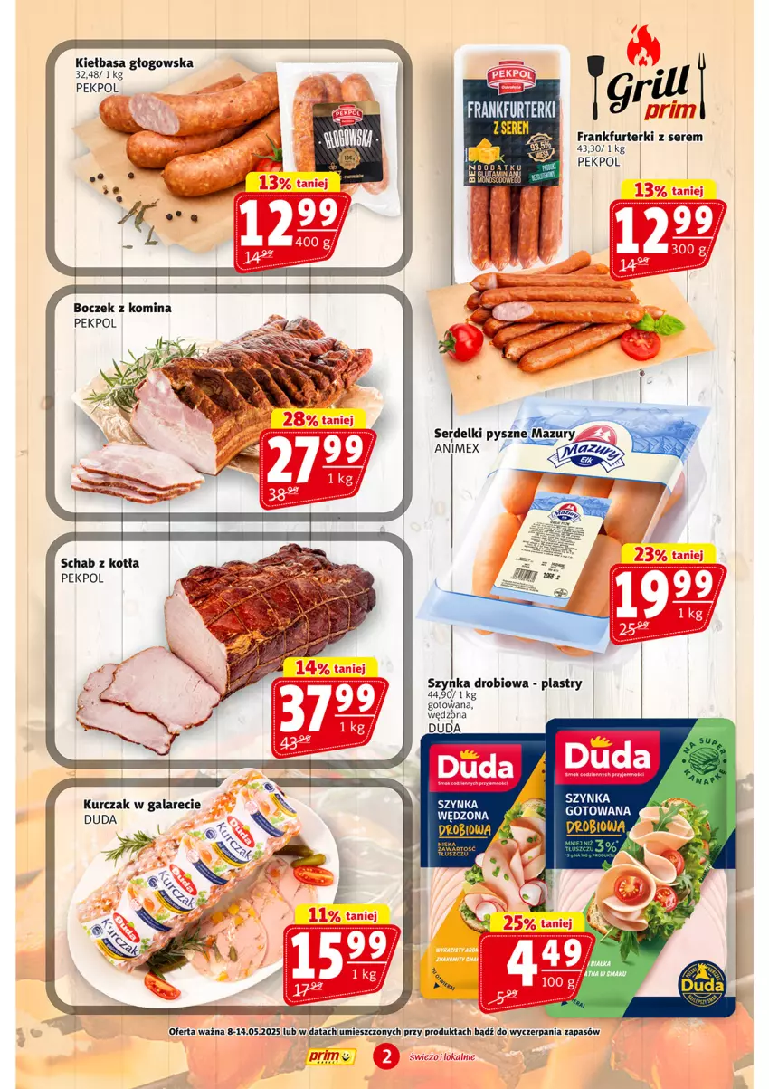 Gazetka promocyjna Prim Market - ważna 02.05 do 07.05.2025 - strona 2 - produkty: Boczek, Duda, Frankfurterki, Grill, Kiełbasa, Kiełbasa głogowska, Pekpol, Ser, Serdelki, Szynka