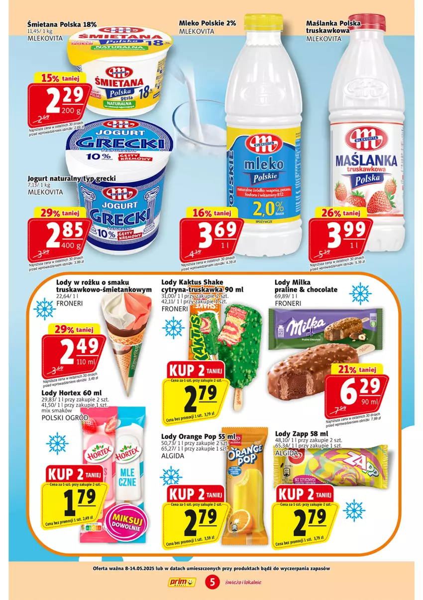 Gazetka promocyjna Prim Market - ważna 02.05 do 07.05.2025 - strona 5 - produkty: Hortex, Jogurt, Jogurt naturalny, Kaktus, Lody, Maślanka, Milka, Mleko, Mlekovita