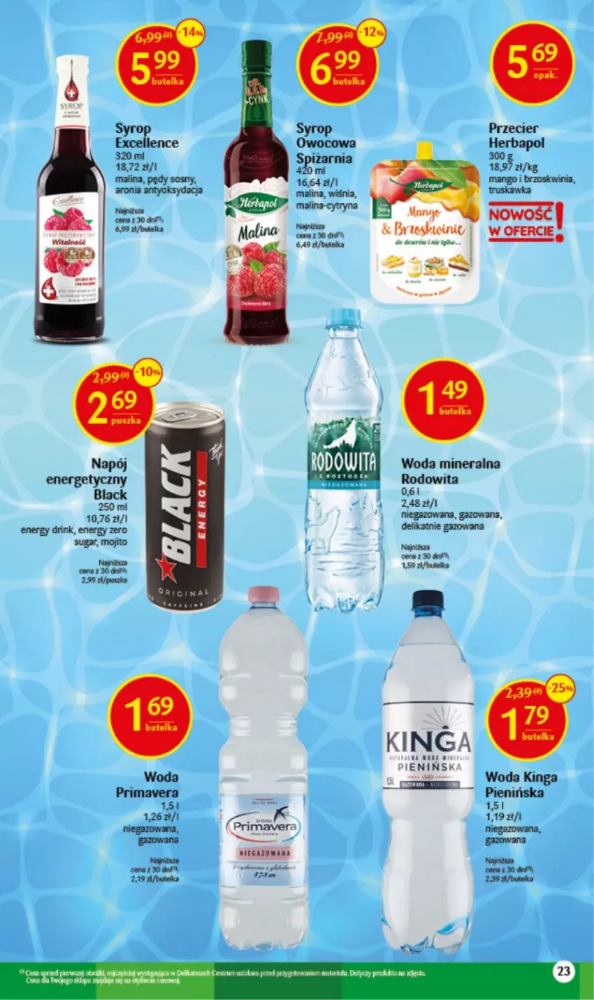 Gazetka promocyjna Delikatesy Centrum - Wielkanoc 22.03-08.04 - ważna 22.03 do 08.04.2023 - strona 23 - produkty: Aronia, Lack, Mango, Napój, Por, Prima, Primavera, Syrop, Woda, Woda mineralna