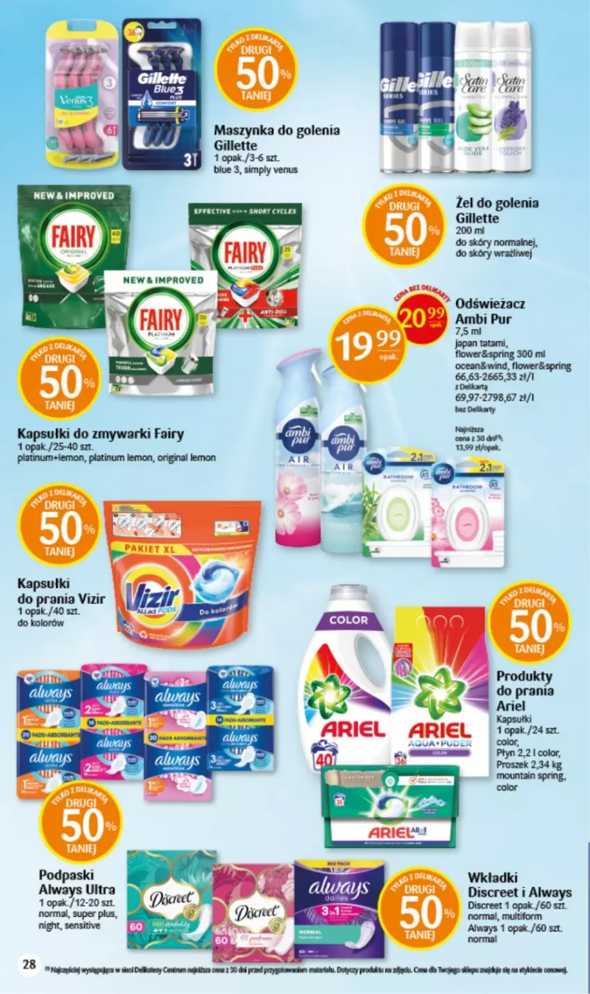 Gazetka promocyjna Delikatesy Centrum - Wielkanoc 22.03-08.04 - ważna 22.03 do 08.04.2023 - strona 28 - produkty: Always, Ambi Pur, Discreet, Fa, Fairy, Gillette, Kapsułki do prania, Maszynka, Maszynka do golenia, Podpaski, Pur, Szynka, Venus, Vizir, Wkładki, Zmywarki