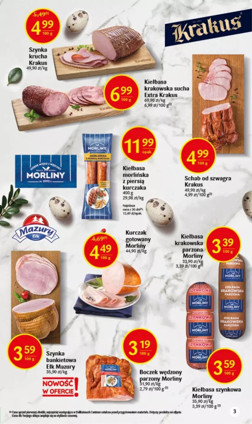 Gazetka promocyjna Delikatesy Centrum - Wielkanoc 22.03-08.04 - ważna 22.03 do 08.04.2023 - strona 3 - produkty: Gra, Kiełbasa, Kiełbasa krakowska, Kiełbasa szynkowa, Krakus, Kurczak, Kurczak gotowany, Morliny, Szynka