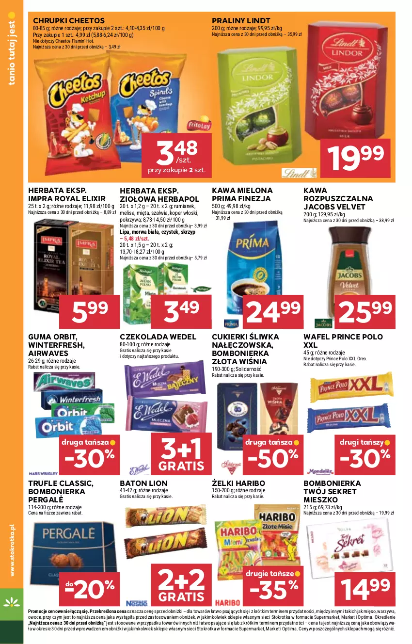 Gazetka promocyjna Stokrotka - Supermarket - ważna 08.10 do 14.10.2026 - strona 36 - produkty: Baton, Cheetos, Chrupki, Cukier, Cukierki, Czekolada, Gra, Haribo, Herbapol, Herbata, Jacobs, Jacobs Velvet, Kawa, Kawa mielona, Kawa rozpuszczalna, Koper włoski, Kret, Lindt, Lion, Mięso, Mięta, Optima, Orbit, Oreo, Owoce, Praliny, Prima, Prince Polo, Rum, Stek, Velvet, Warzywa