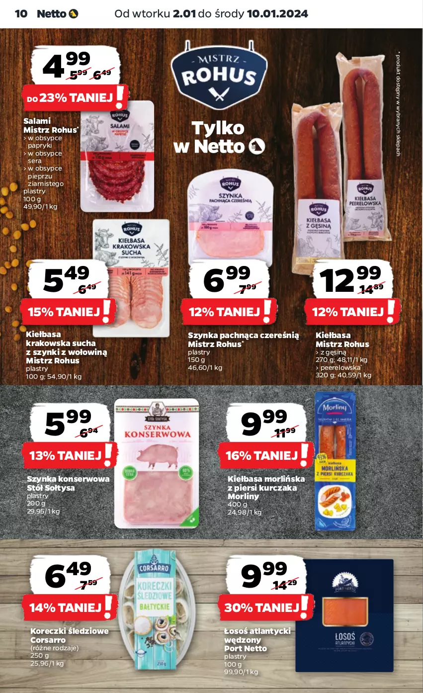 Gazetka promocyjna Netto - Artykuły spożywcze - ważna 02.01 do 10.01.2024 - strona 10 - produkty: Kiełbasa, Kiełbasa krakowska, Koreczki śledziowe, Kurczak, Morliny, Pieprz, Por, Salami, Ser, Stół, Szynka, Szynka konserwowa