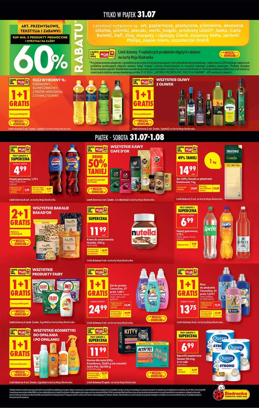 Gazetka promocyjna Biedronka - Tani Weekend - ważna 31.07 do 01.08.2026 - strona 2 - produkty: Ba!, Coccolino, Fa, Gatta, Gra, Karp, LEGO, Nutella, Olej, Papier, Philips, Piórnik, Plecak, Por, Rajstopy, Ser, Stek, Top, Wino, Woda