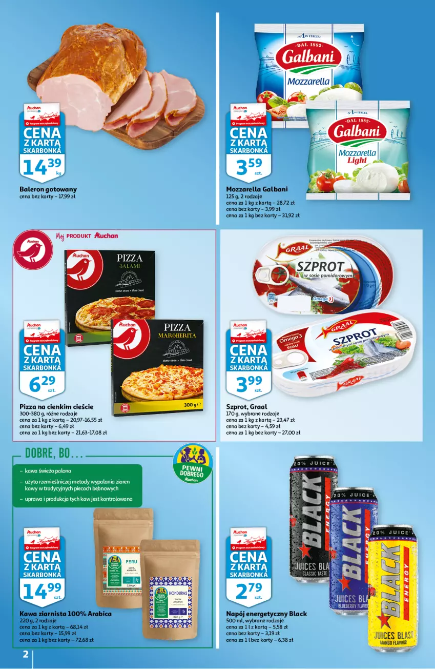 Gazetka promocyjna Auchan - Skarbonka #7 - ważna 17.02 do 23.02.2022 - strona 2 - produkty: BIC, Galbani, Gra, Graal, Kawa, Kawa ziarnista, Lack, Mozzarella, Napój, Napój energetyczny, Piec, Pizza, Szprot