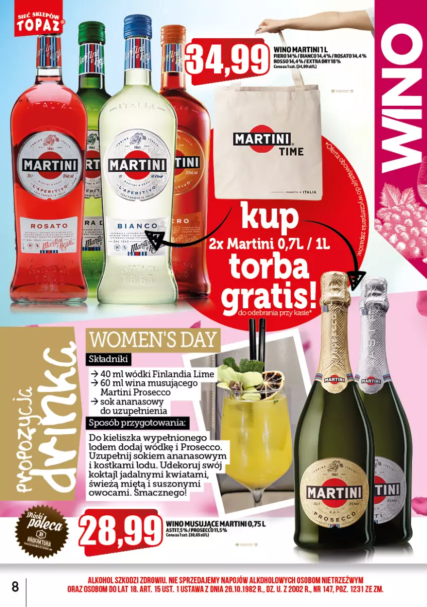 Gazetka promocyjna Topaz - Gazetka - ważna 01.03 do 31.03.2023 - strona 8 - produkty: Ananas, Finlandia, Martini, Mus, Prosecco, Sok, Wino, Wino musujące