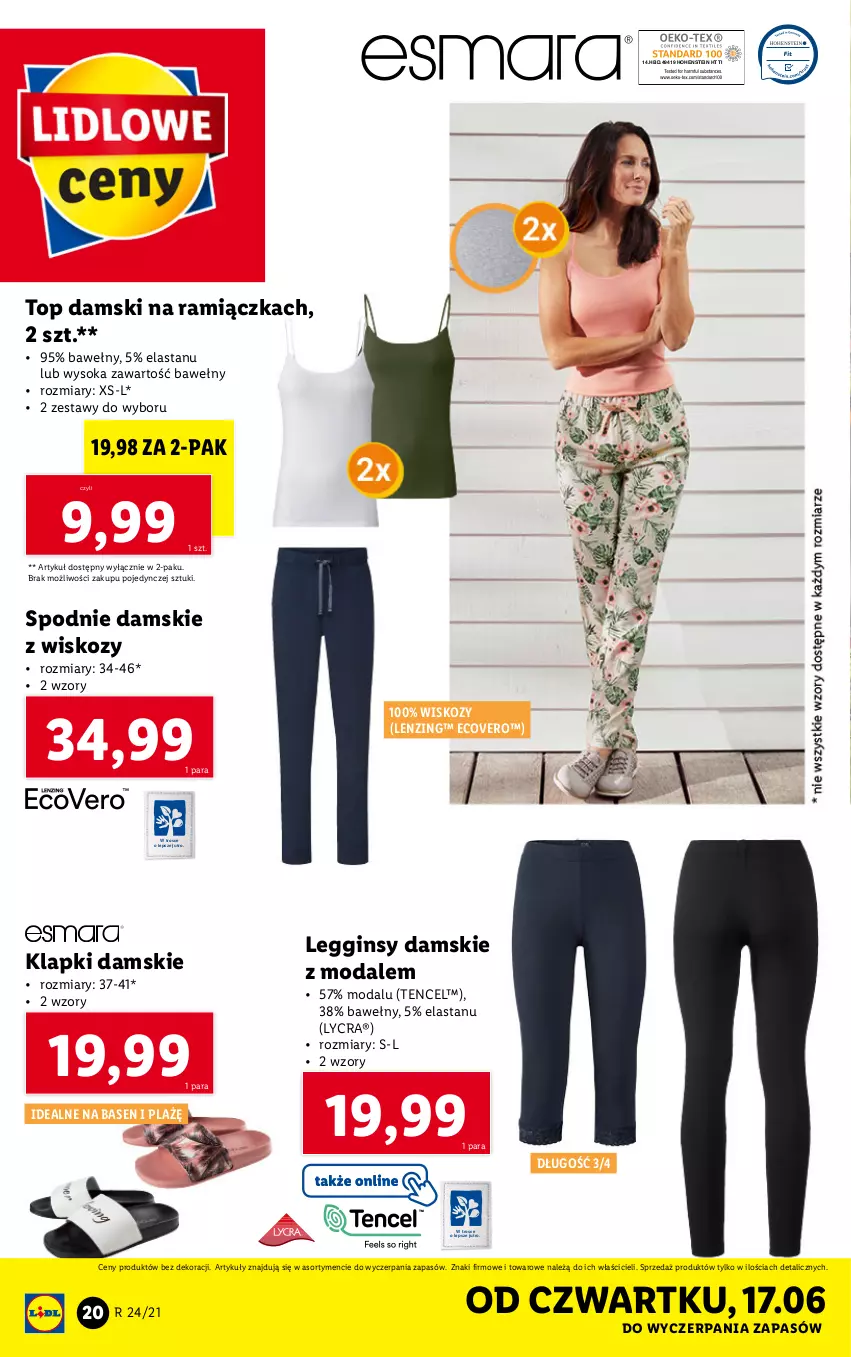 Gazetka promocyjna Lidl - GAZETKA - ważna 14.06 do 19.06.2021 - strona 20 - produkty: Gin, Klapki, Legginsy, Moda, Sok, Spodnie, Top