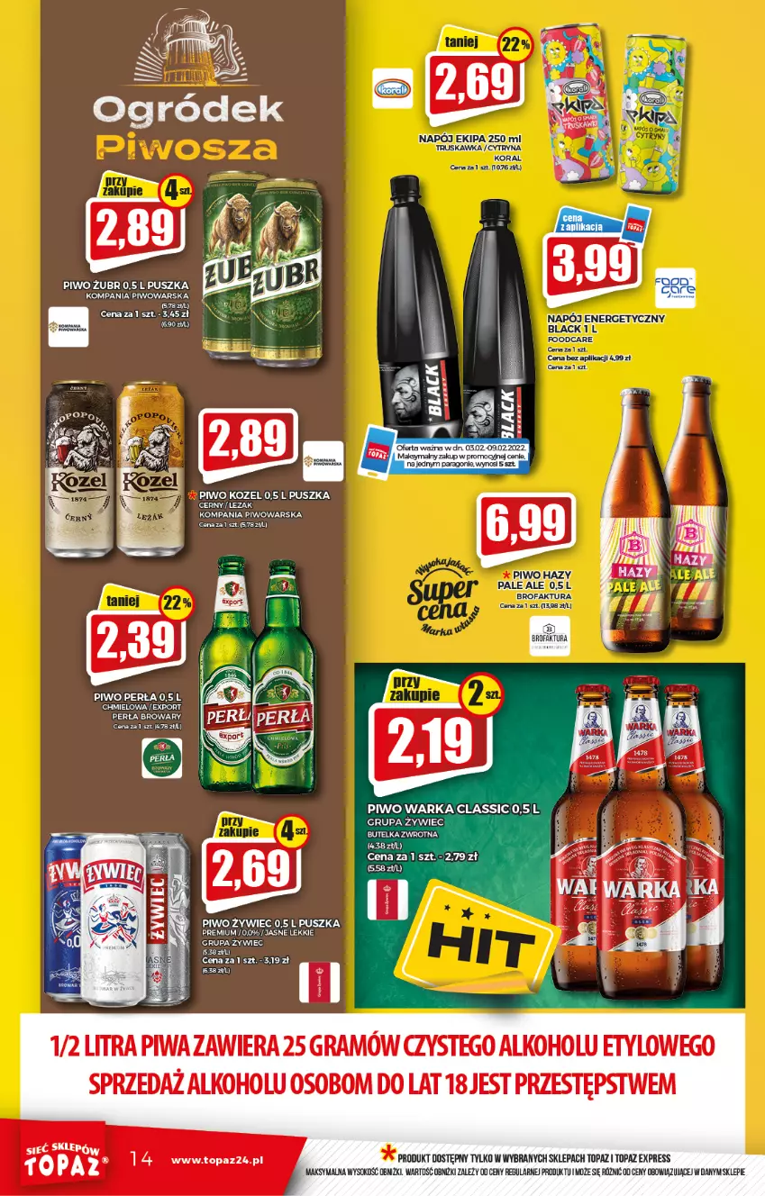 Gazetka promocyjna Topaz - Gazetka - ważna 03.02 do 09.02.2022 - strona 14 - produkty: Fa, Gra, Kozel, Napój, Ogród, Perła, Piwa, Piwo, Por, Sok, Top, Warka