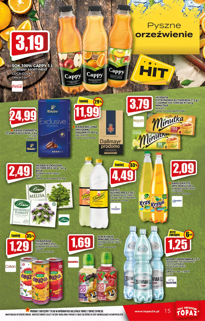 Gazetka promocyjna Topaz - Gazetka - ważna 03.02 do 09.02.2022 - strona 15 - produkty: Cisowianka, Kawa, Kawa ziarnista, Napój, Sok, Tchibo, Top, Woda