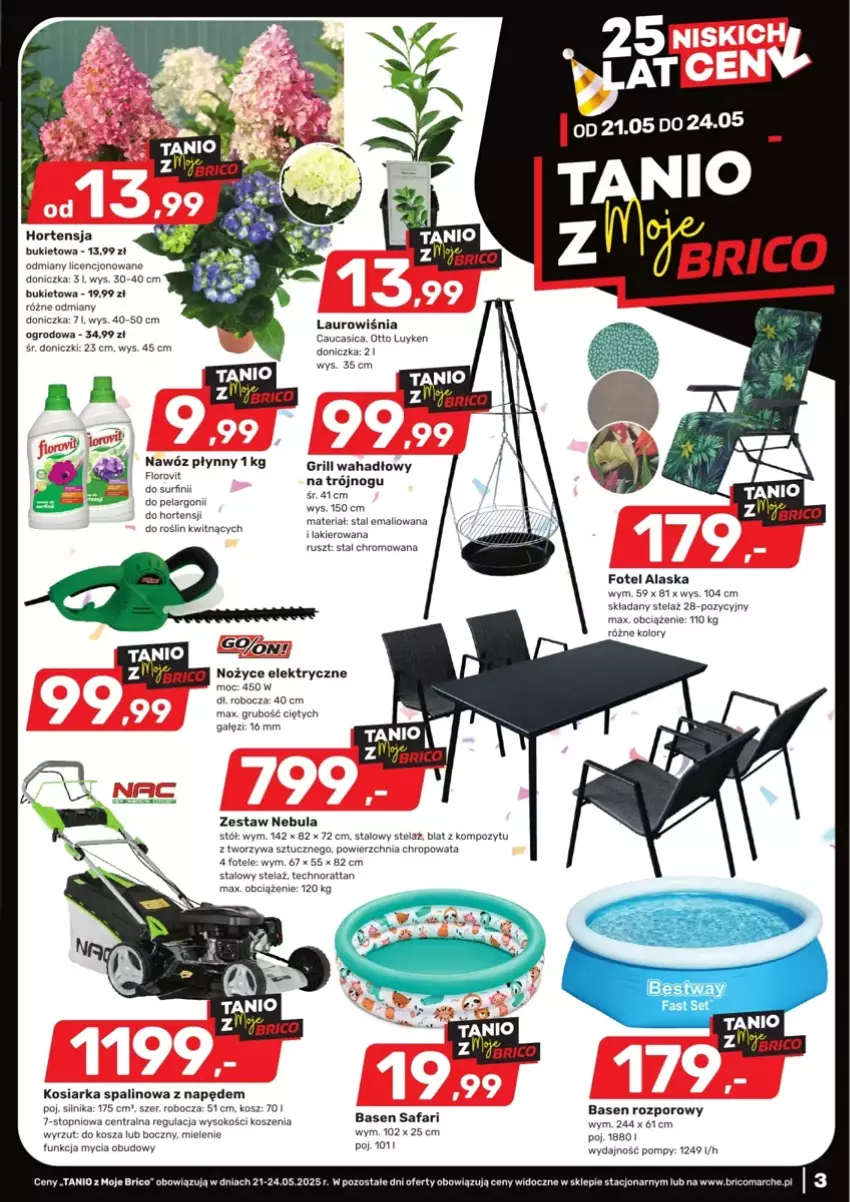 Gazetka promocyjna Bricomarche - ważna 21.05 do 24.05.2025 - strona 2 - produkty: Bukiet, Fa, Flora, Fotel, Kosiarka, Kosiarka spalinowa z napędem, Kosz, Lakier, Laur, Nawóz, Noż, Nożyce, Por, Sok, Stół, Surf, Top