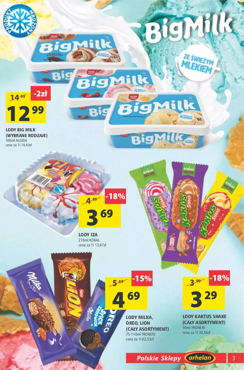 Gazetka promocyjna Arhelan - Gazetka - ważna 12.08 do 21.08.2022 - strona 3 - produkty: Algida, Big Milk, Kaktus, LG, Lion, Lody, Milka, Oreo