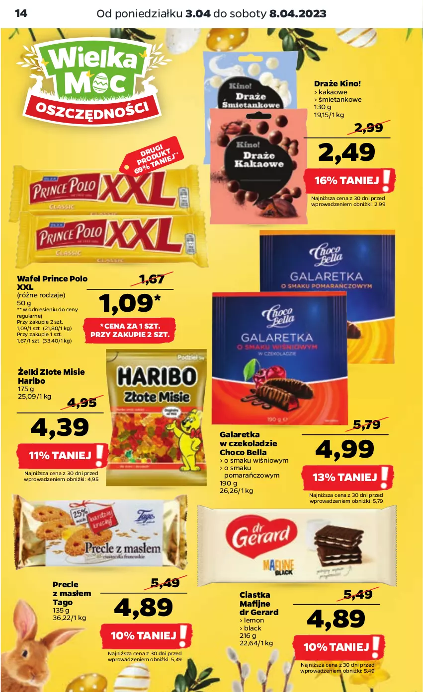 Gazetka promocyjna Netto - Artykuły spożywcze - ważna 03.04 do 08.04.2023 - strona 14 - produkty: Bell, Bella, Ciastka, Dr Gerard, Gala, Galaretka, Haribo, Kakao, Lack, Precle, Prince Polo, Tago