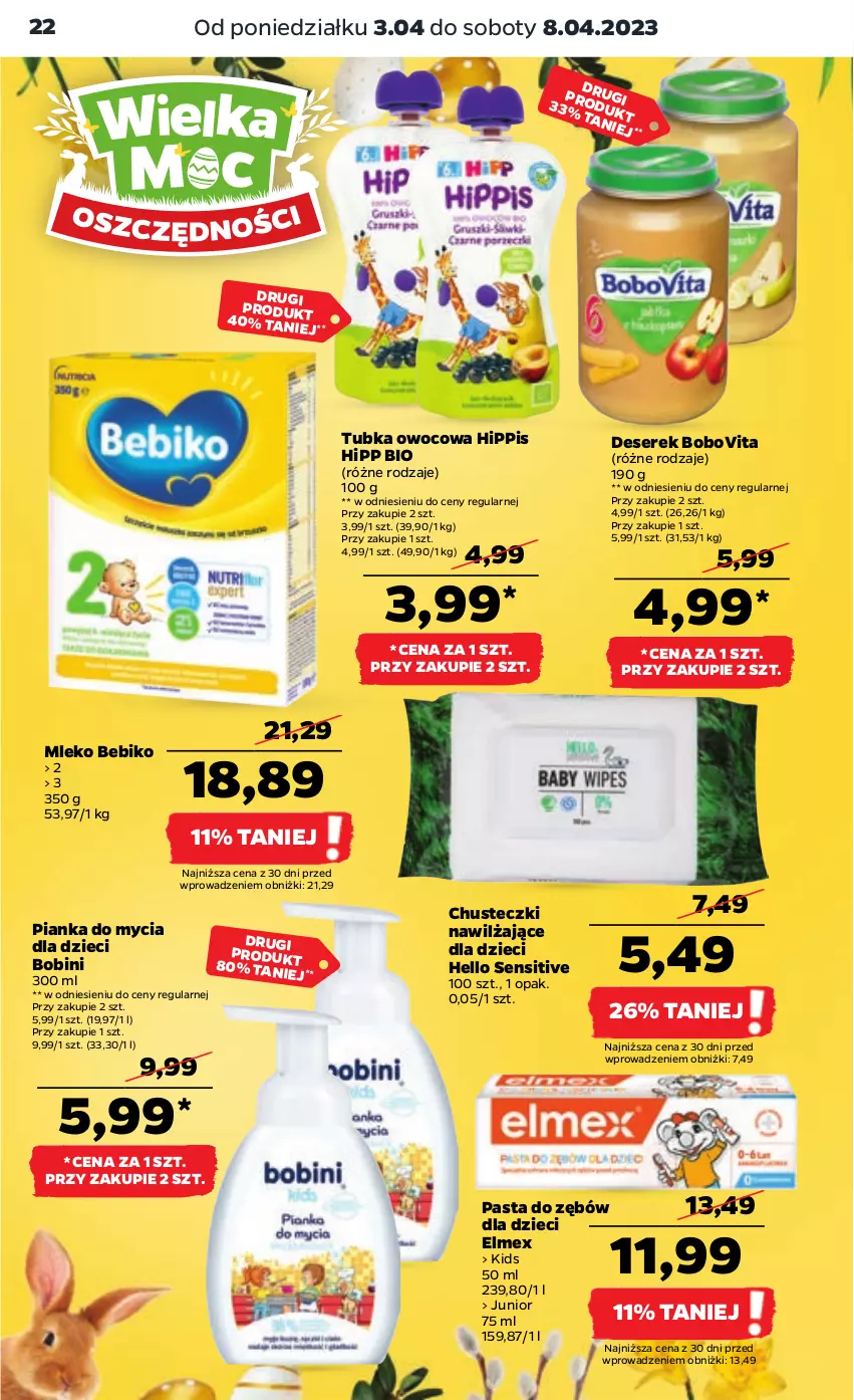 Gazetka promocyjna Netto - Artykuły spożywcze - ważna 03.04 do 08.04.2023 - strona 22 - produkty: Bebiko, BoboVita, Chusteczki, Deser, Dzieci, Elmex, HiPP, Hipp Bio, Mleko, Pasta do zębów, Ser, Serek