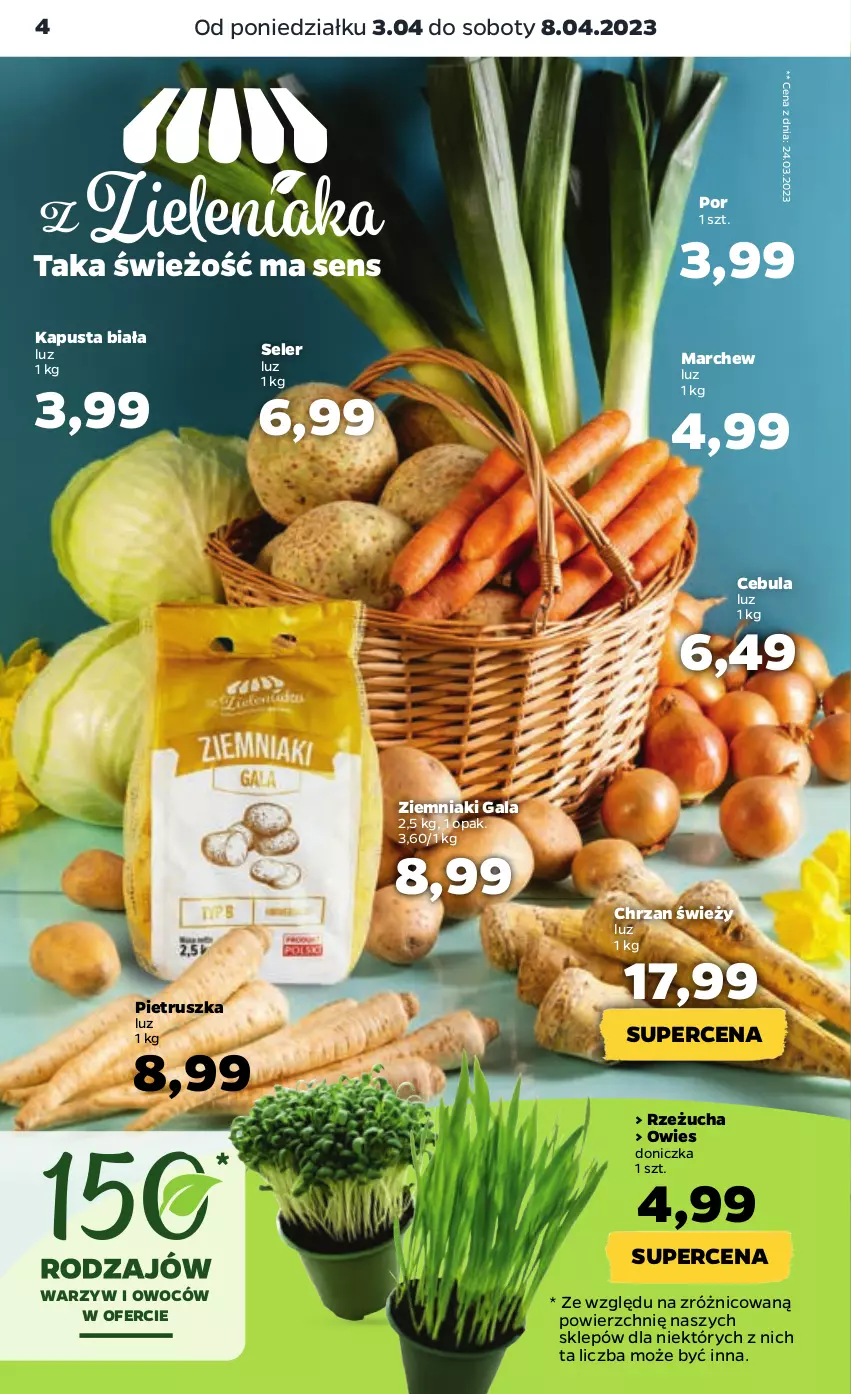 Gazetka promocyjna Netto - Artykuły spożywcze - ważna 03.04 do 08.04.2023 - strona 4 - produkty: Cebula, Chrzan, Gala, Pietruszka, Por, Rzeżucha, Ziemniaki