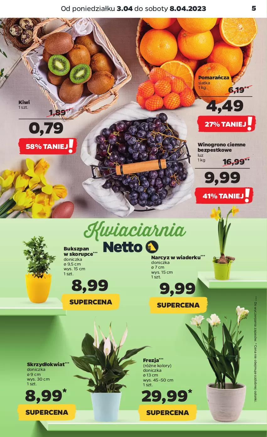 Gazetka promocyjna Netto - Artykuły spożywcze - ważna 03.04 do 08.04.2023 - strona 5 - produkty: Kiwi, Narcyz, Siatka, Wino