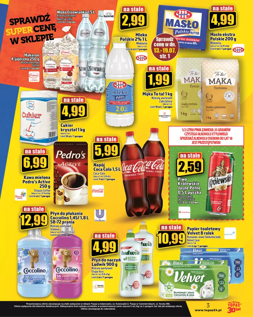 Gazetka promocyjna Topaz - Gazetka - ważna 13.07 do 19.07.2023 - strona 3 - produkty: Coca-Cola, Coccolino, Cukier, Kawa, Kawa mielona, Koc, Królewski, LG, Ludwik, Mąka, Mąka pszenna, Masło, Mleko, Mlekovita, Mus, Napój, Papier, Papier toaletowy, Płyn do płukania, Por, Rum, Top, Velvet, Vita C