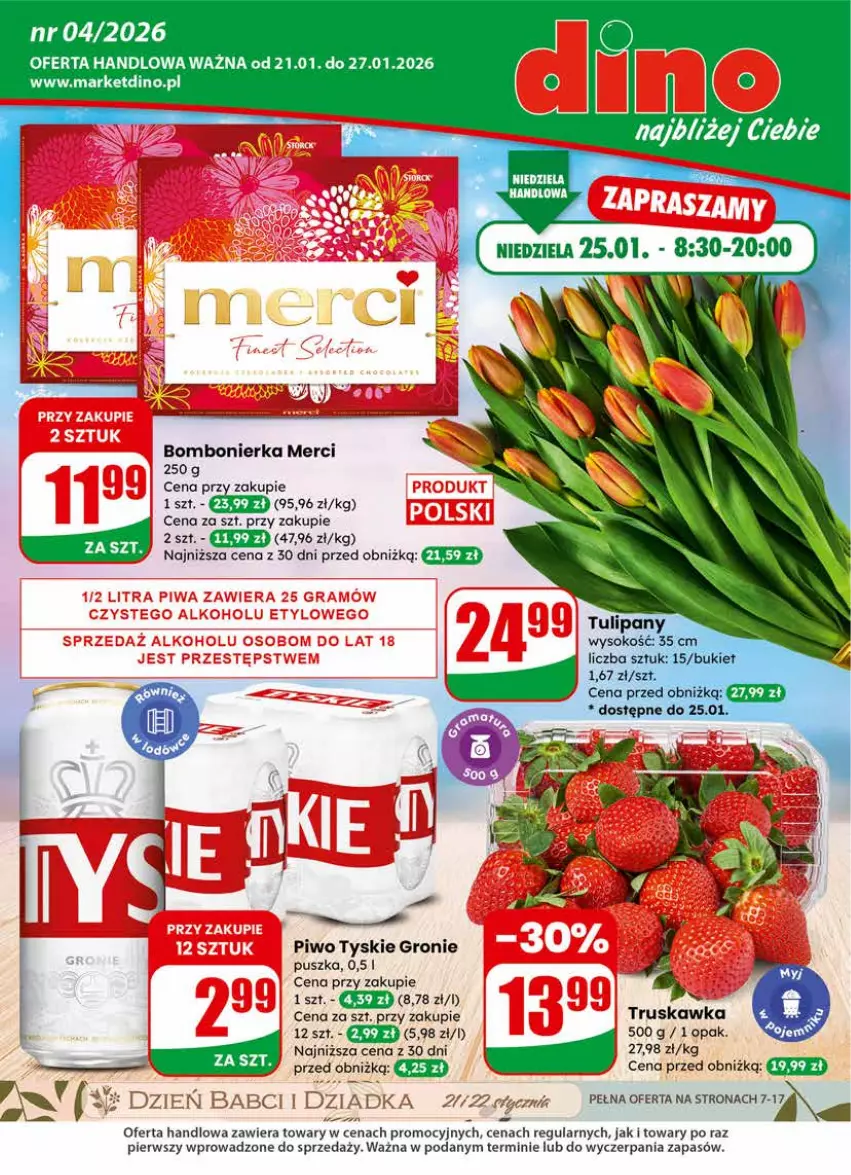 Gazetka promocyjna Dino - Gazetka 04 / 2026 - ważna 21.01 do 27.01.2026 - strona 1 - produkty: Bukiet, JBL, Merci, Piwo, Sok, Tulipan, Tyskie