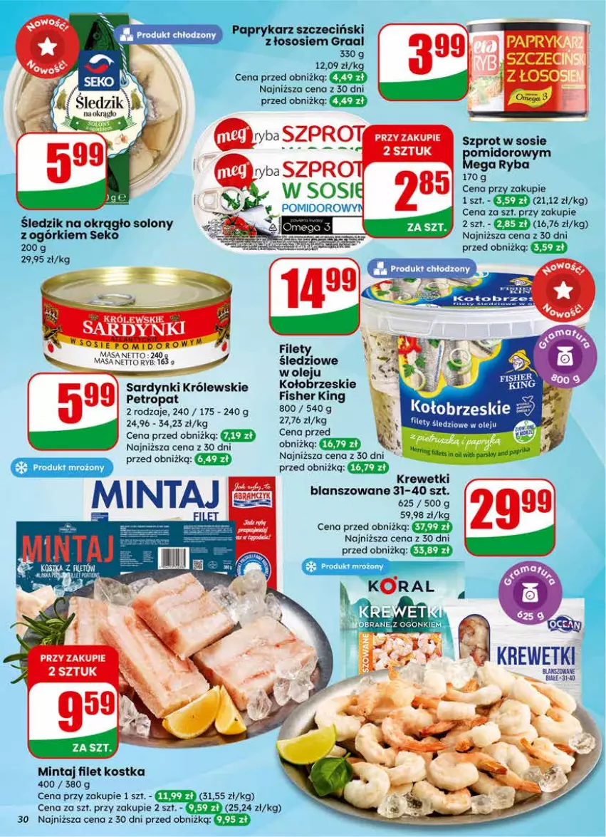 Gazetka promocyjna Dino - Gazetka 04 / 2026 - ważna 21.01 do 27.01.2026 - strona 30 - produkty: Gra, Graal, Krewetki, Królewski, Mintaj, Olej, Ryba, Sardynki, Sos, Szprot, Szprot w sosie