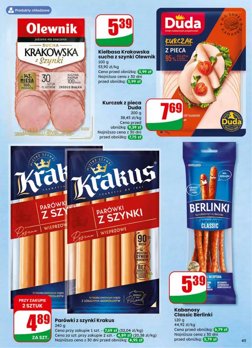 Gazetka promocyjna Dino - Gazetka 04 / 2026 - ważna 21.01 do 27.01.2026 - strona 45 - produkty: Berlinki, Kabanos, Kiełbasa, Kiełbasa krakowska, Krakus, Kurczak, Mięso, Olewnik, Parówki, Parówki z szynki, Piec