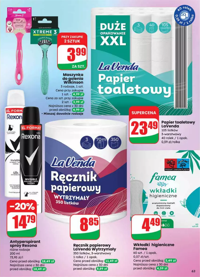 Gazetka promocyjna Dino - Gazetka 04 / 2026 - ważna 21.01 do 27.01.2026 - strona 63 - produkty: Antyperspirant, Atomic, Fa, Lack, Maszynka, Maszynka do golenia, Papier, Ręcznik, Rexona, Szynka, Wkładki