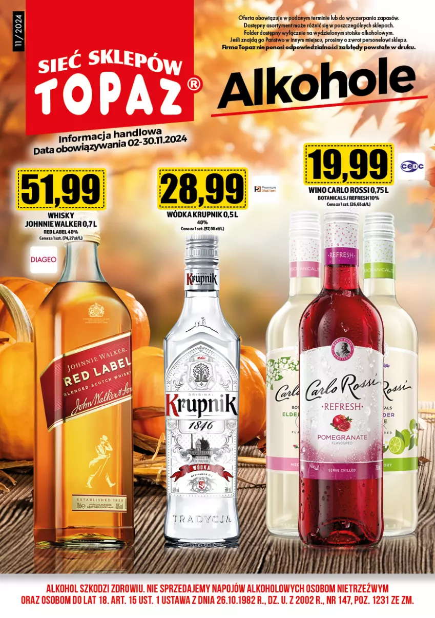 Gazetka promocyjna Topaz - Gazetka - ważna 02.11 do 30.11.2024 - strona 1 - produkty: Alkohole, Krupnik, Top, Whisky, Wódka