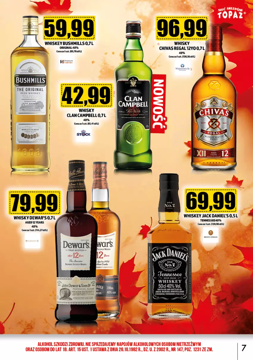 Gazetka promocyjna Topaz - Gazetka - ważna 02.11 do 30.11.2024 - strona 7 - produkty: Bell, Bushmills, Gin, Jack Daniel's, Whiskey, Whisky