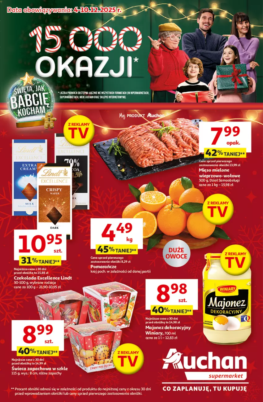 Gazetka promocyjna Auchan - Święta jak babcię kocham Supermarket - ważna 04.12 do 10.12.2025 - strona 1 - produkty: Czekolada, Lindt, Majonez, Mięso, Mięso mielone, Pomarańcze, Winiary