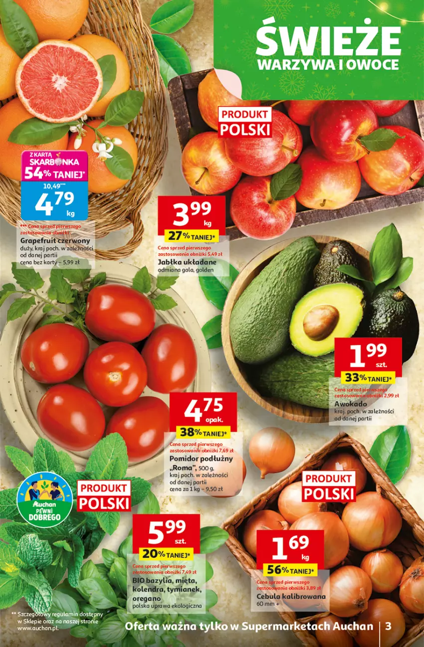 Gazetka promocyjna Auchan - Święta jak babcię kocham Supermarket - ważna 04.12 do 10.12.2025 - strona 3 - produkty: Bazyl, Bazylia, Dres, Gala, Gra, Jabłka, Kolendra, Mięta, Owoce, Warzywa, Warzywa i owoce