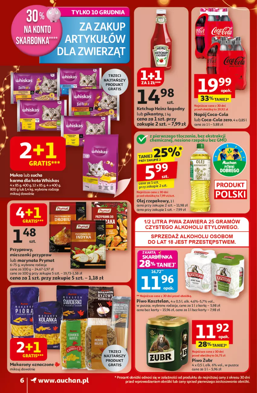 Gazetka promocyjna Auchan - Święta jak babcię kocham Supermarket - ważna 04.12 do 10.12.2025 - strona 6 - produkty: Coca-Cola, Gra, Heinz, Kasztelan, Ketchup, Makaron, Napój, Olej, Olej rzepakowy, Piwo, Prymat, Przyprawy, Sucha karma, Whiskas