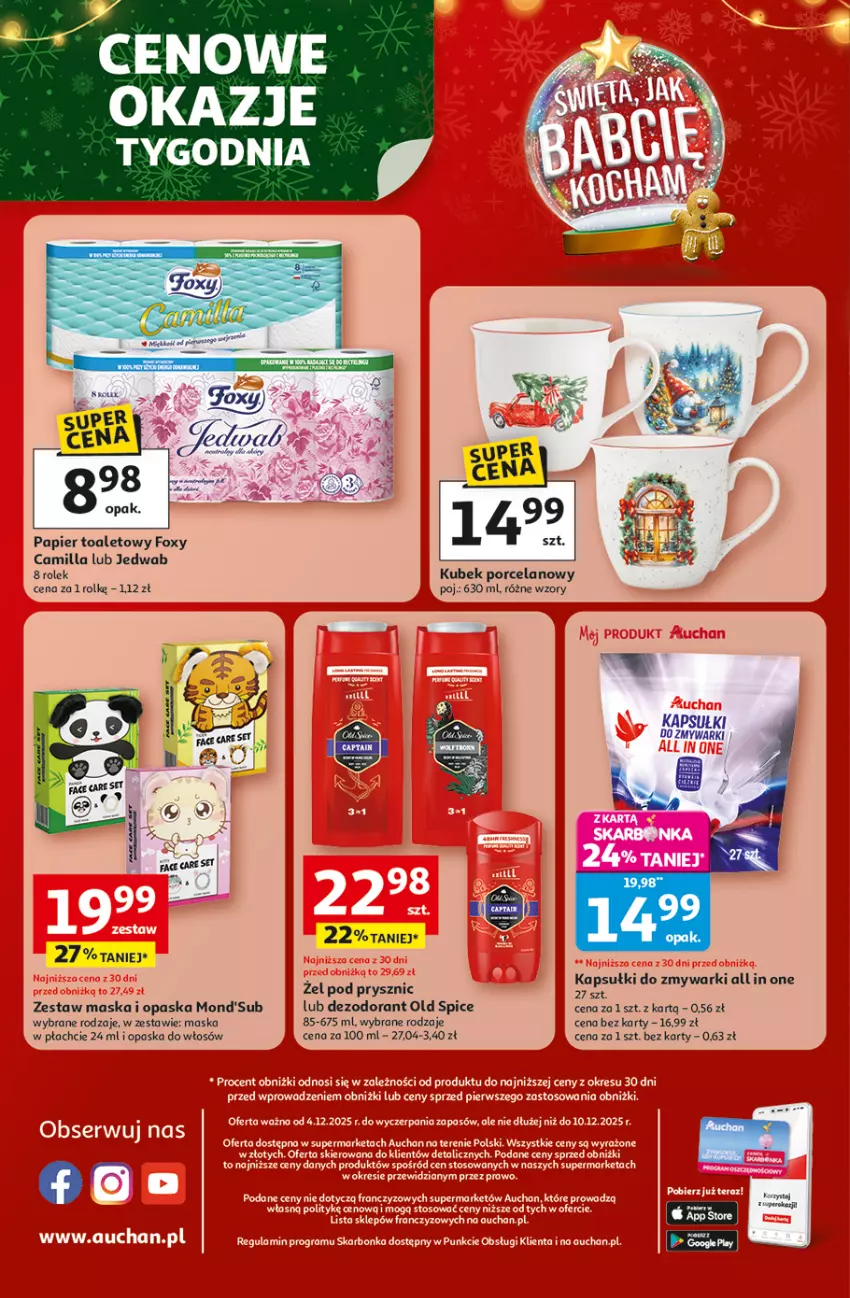 Gazetka promocyjna Auchan - Święta jak babcię kocham Supermarket - ważna 04.12 do 10.12.2025 - strona 8 - produkty: Dezodorant, Foxy, Kubek, Maska, Maska w płachcie, Old Spice, Opaska, Opaska do włosów, Papier, Papier toaletowy, Por, Zmywarki