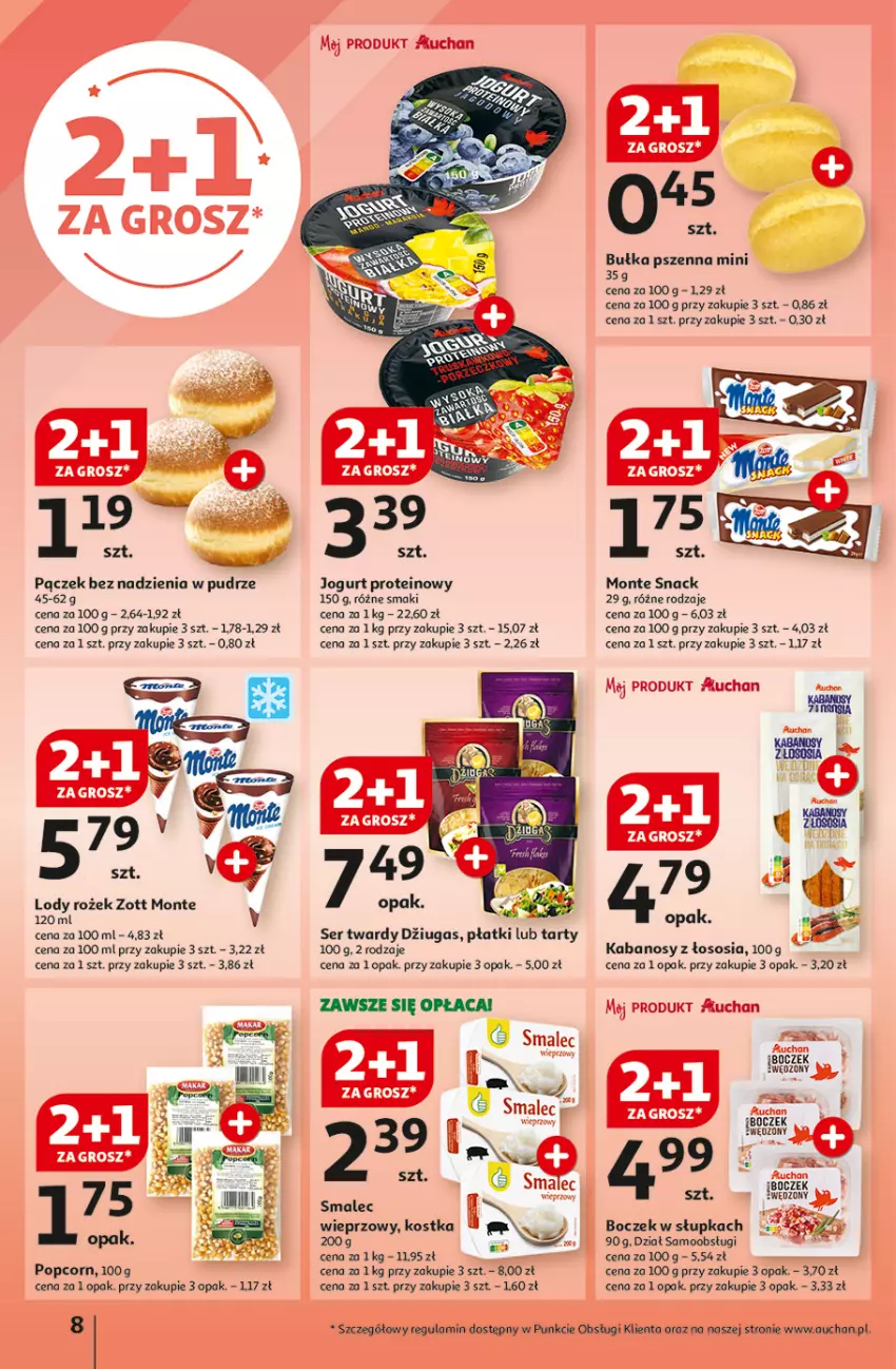 Gazetka promocyjna Auchan - Hipermarket - ważna 01.08 do 07.08.2024 - strona 10 - produkty: Boczek, Bułka, Jogurt, Kabanos, Lody, Monte, Pączek, Popcorn, Ser, Smalec, Sos, Zott