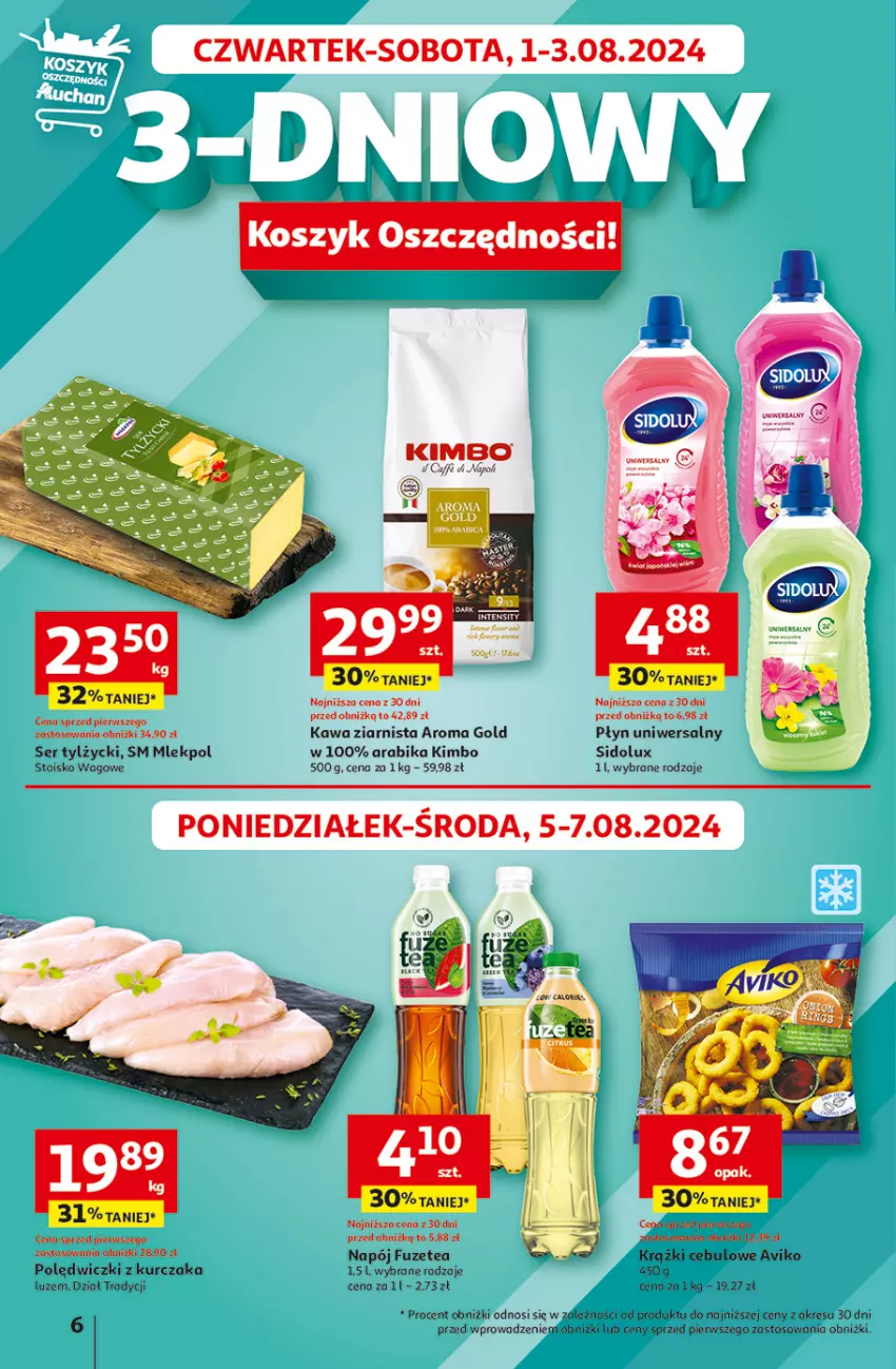 Gazetka promocyjna Auchan - Hipermarket - ważna 01.08 do 07.08.2024 - strona 6 - produkty: Kawa, Kawa ziarnista, Kosz, Krążki cebulowe, Kurczak, Napój, Polędwiczki z kurczaka, Ser, Sidolux