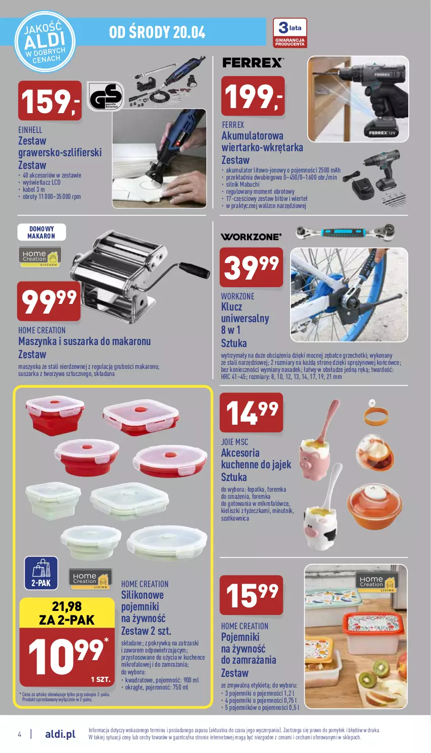 Gazetka promocyjna Aldi - Katalog Moda i Dom - ważna 20.04 do 23.04.2022 - strona 4 - produkty: Akumulator, Einhell, Fa, Gra, Makaron, Maszynka, Pojemnik, Suszarka, Szatkownica, Szynka, Tarka, Wkręt, Wkrętarka