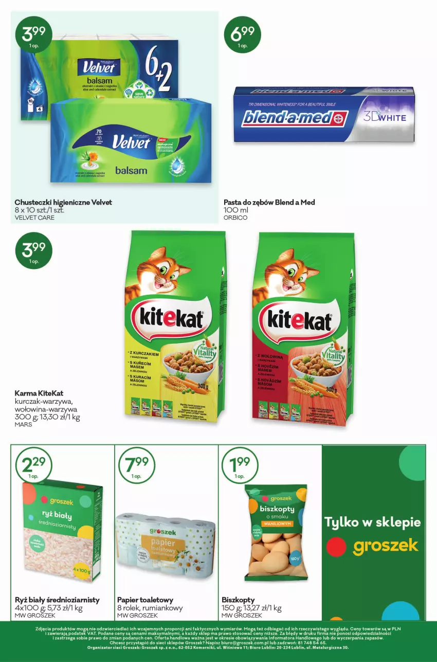 Gazetka promocyjna Groszek - ważna 05.01 do 18.01.2022 - strona 12 - produkty: BIC, Biszkopty, Biuro, Chusteczki, Fa, Groszek, KiteKat, Kurczak, Mars, Papier, Papier toaletowy, Pasta do zębów, Por, Rum, Ryż, Ryż biały, Ser, Taca, Velvet, Warzywa, Wołowina