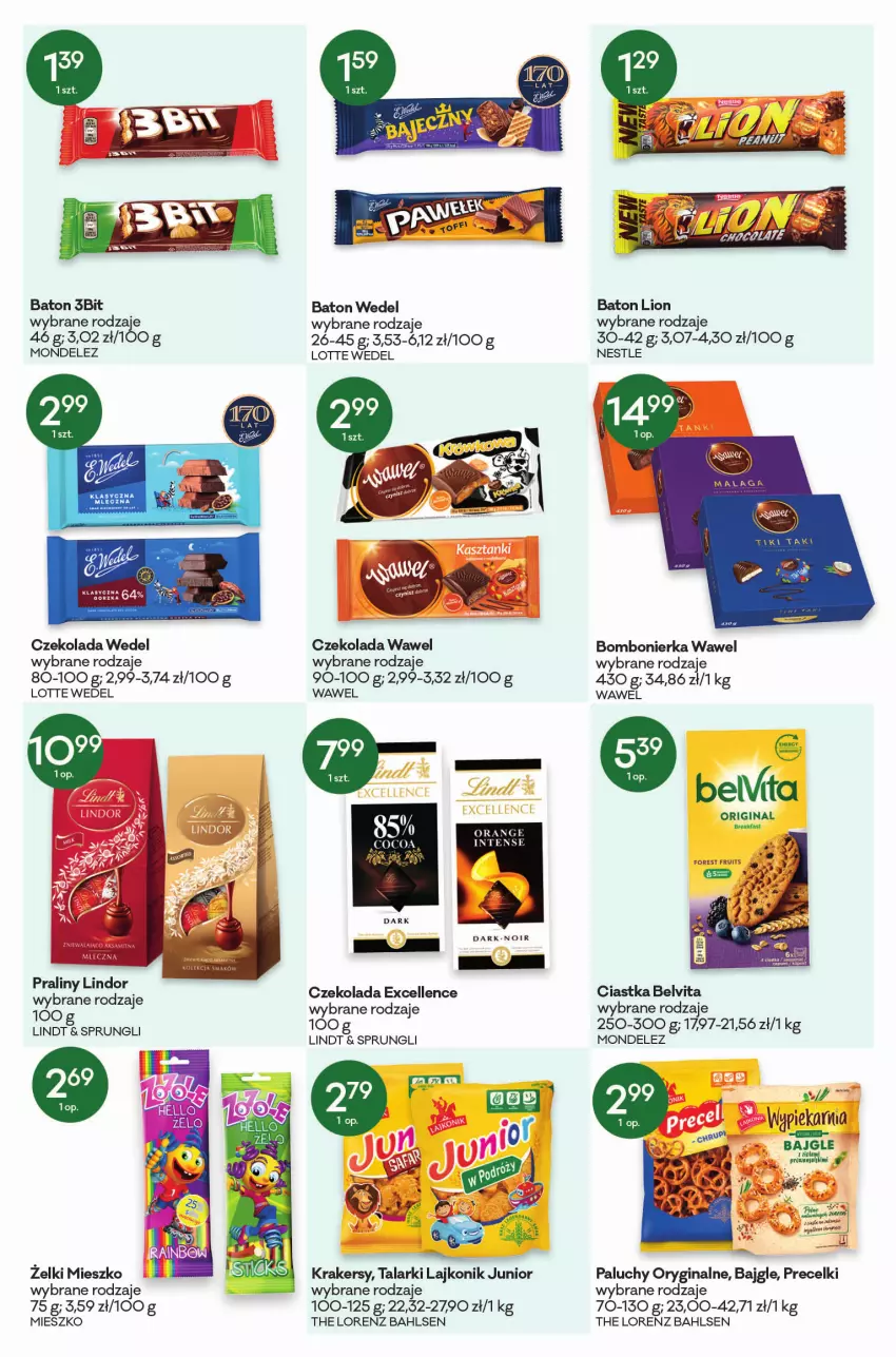 Gazetka promocyjna Groszek - ważna 05.01 do 18.01.2022 - strona 9 - produkty: Bajgle, Baton, BelVita, Ciastka, Czekolada, Gin, Krakersy, Lajkonik, Lindor, Lindt, Lion, Lorenz, Por, Praliny, Precelki, Wawel