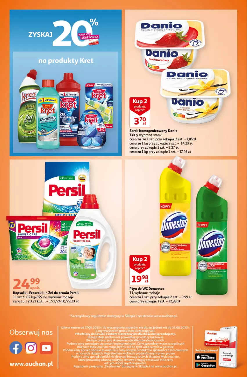 Gazetka promocyjna Auchan - Gazetka TANIE zakupy Moje Auchan - ważna 17.08 do 23.08.2023 - strona 4 - produkty: Danio, Domestos, Persil, Płyn do wc, Ser, Serek, Serek homogenizowany