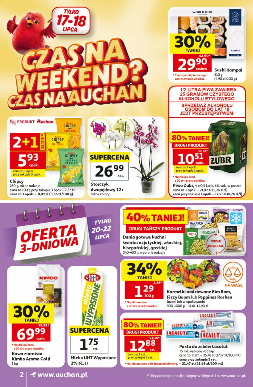 Gazetka promocyjna Auchan - 30 Lat Supermarket - ważna 16.07 do 22.07.2026 - strona 2 - produkty: Chipsy, Dania gotowe, Fa, Kawa, Kawa ziarnista, Lacalut, Mleko, Pasta do zębów, Piwo, Sok, Storczyk, Sushi