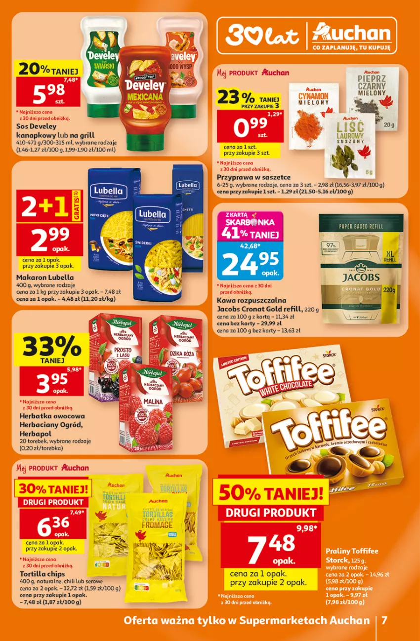 Gazetka promocyjna Auchan - 30 Lat Supermarket - ważna 16.07 do 22.07.2026 - strona 7 - produkty: Bell, Bella, Dzika róża, Grill, Herbapol, Jacobs, Kawa, Kawa rozpuszczalna, Lubella, Makaron, Ogród, Por, Róża, Ser, Sos, Torebka, Tortilla, Tortilla Chips
