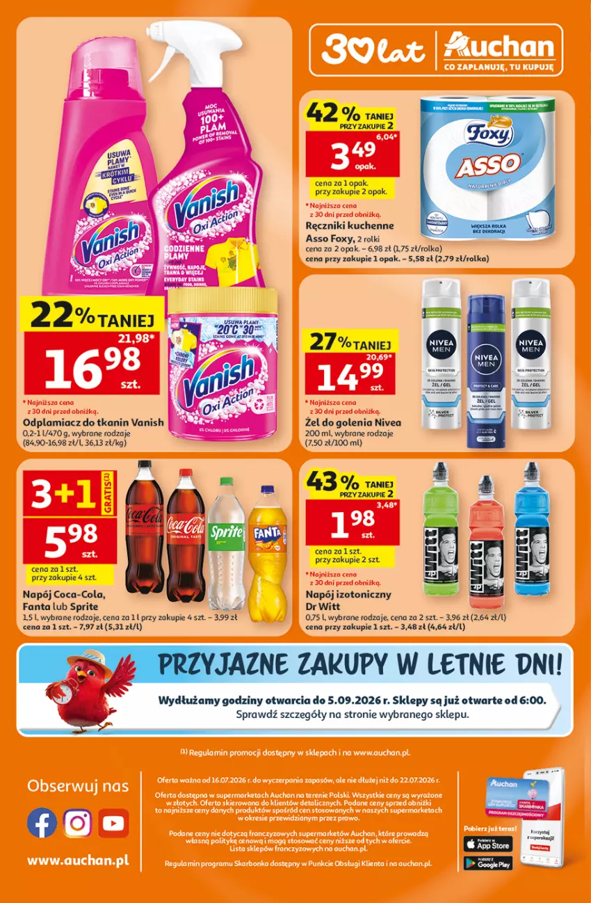 Gazetka promocyjna Auchan - 30 Lat Supermarket - ważna 16.07 do 22.07.2026 - strona 8 - produkty: Coca-Cola, Fa, Fanta, Foxy, Napój, Napój izotoniczny, Nivea, Odplamiacz, Ręcznik, Rolki, Sprite, Vanish
