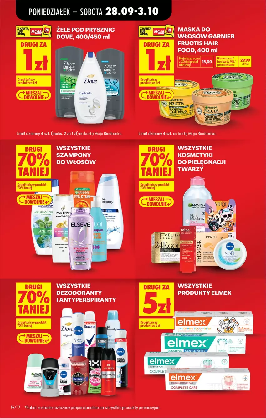 Gazetka promocyjna Biedronka - Od Poniedziałku - ważna 28.09 do 03.10.2026 - strona 18 - produkty: Antyperspirant, Dezodorant, Dove, Elmex, Fructis, Garnier, Maska, Por, Szampon