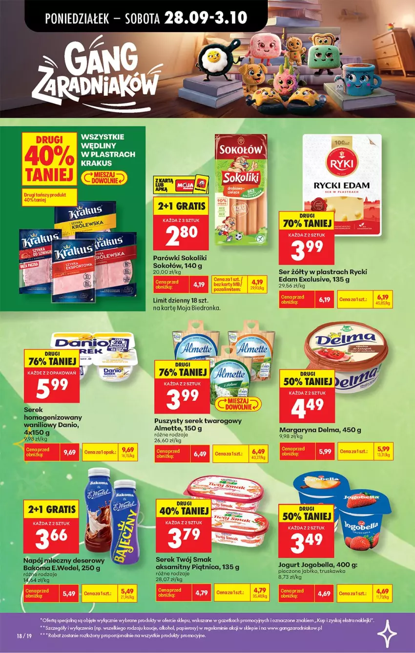 Gazetka promocyjna Biedronka - Od Poniedziałku - ważna 28.09 do 03.10.2026 - strona 20 - produkty: Almette, Danio, Delma, Edam, Gra, Klej, Krakus, Margaryna, Papier, Parówki, Parówki sokoliki, Rycki Edam, Ser, Serek, Serek twarogowy, Sok, Sokołów
