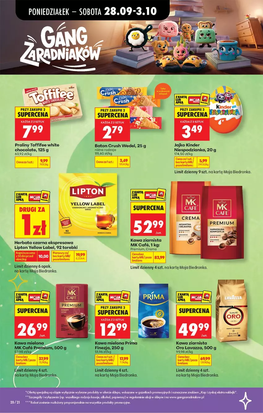 Gazetka promocyjna Biedronka - Od Poniedziałku - ważna 28.09 do 03.10.2026 - strona 22 - produkty: Aksam, Baton, Gra, Herbata, Herbata czarna, HP, Kawa, Kawa mielona, Kawa ziarnista, Kinder, Klej, Lavazza, Lipton, Papier, Por, Praliny, Prima, Toffifee