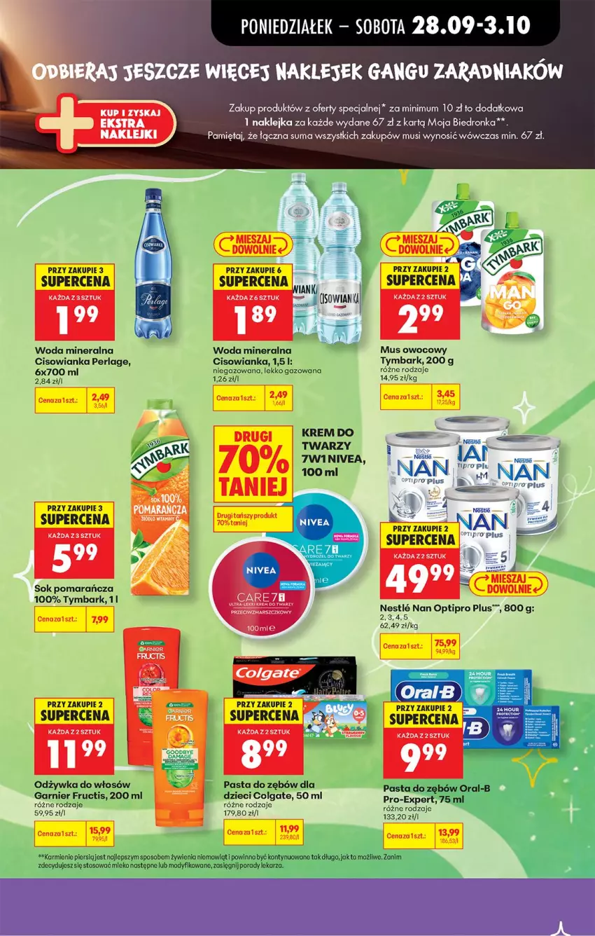 Gazetka promocyjna Biedronka - Od Poniedziałku - ważna 28.09 do 03.10.2026 - strona 23 - produkty: Cisowianka, Colgate, Dzieci, Fructis, Garnier, Karmi, Klej, LG, Mięta, Mleko, Mus, NAN Optipro, Nivea, O nas, Odżywka, Pasta do zębów, Por, Sok, Tymbark, Woda, Woda mineralna