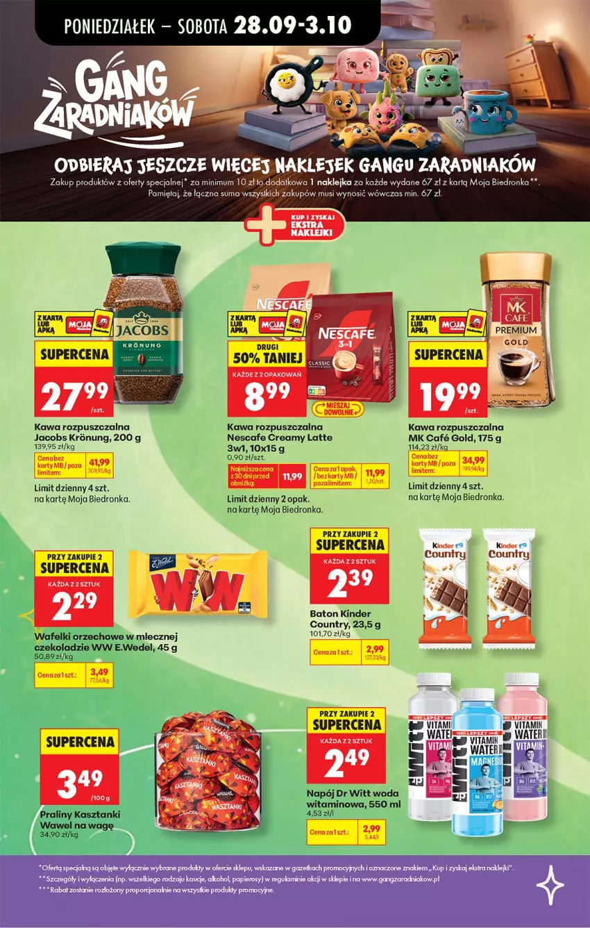 Gazetka promocyjna Biedronka - Od Poniedziałku - ważna 28.09 do 03.10.2026 - strona 24 - produkty: Baton, Dada, Fa, Jacobs, Kawa, Kawa rozpuszczalna, Kinder, Klej, Mięta, Mus, Napój, Praliny, Wawel, Woda