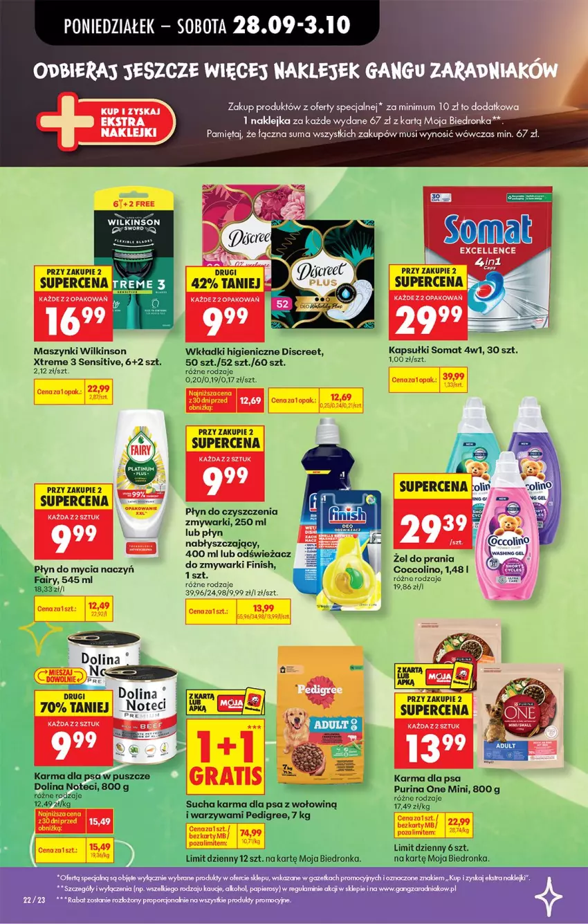 Gazetka promocyjna Biedronka - Od Poniedziałku - ważna 28.09 do 03.10.2026 - strona 27 - produkty: Discreet, Klej, Mięta, Mus, Pedigree, Płyn nabłyszczający, Pur, Purina, Somat, Sucha karma, Warzywa, Wkładki, Zmywarki