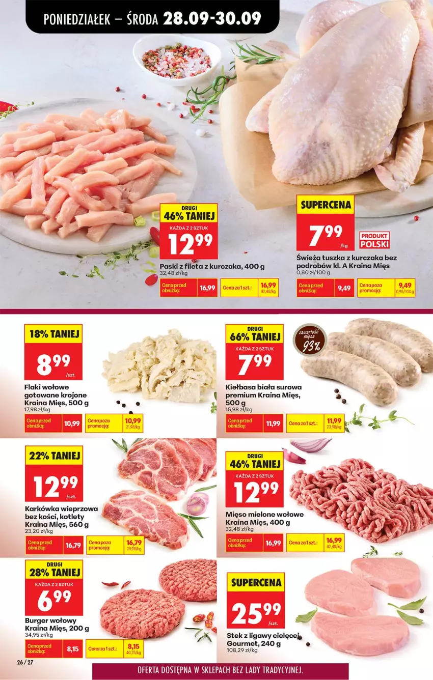 Gazetka promocyjna Biedronka - Od Poniedziałku - ważna 28.09 do 03.10.2026 - strona 32 - produkty: Burger, Flaki, Flaki wołowe, Gry, Karkówka wieprzowa, Kiełbasa, Kiełbasa biała, Kotlet, Kurczak, Stek, Tusz