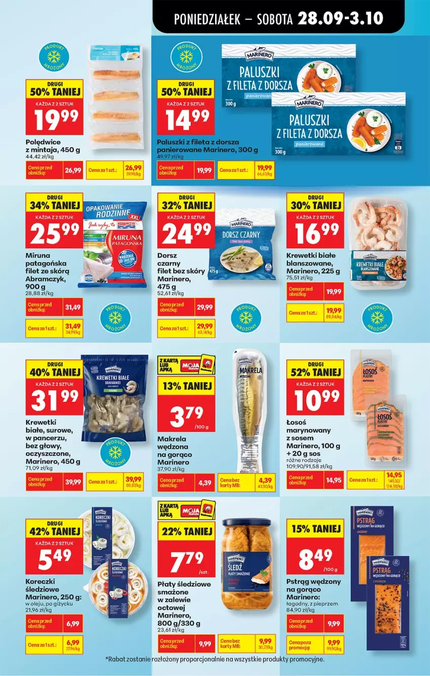 Gazetka promocyjna Biedronka - Od Poniedziałku - ważna 28.09 do 03.10.2026 - strona 43 - produkty: Dorsz, Krewetki, Mintaj, Miruna, Olej, Pieprz, Płaty śledziowe, Por, Pstrąg, Pstrąg wędzony, Sos, Tago