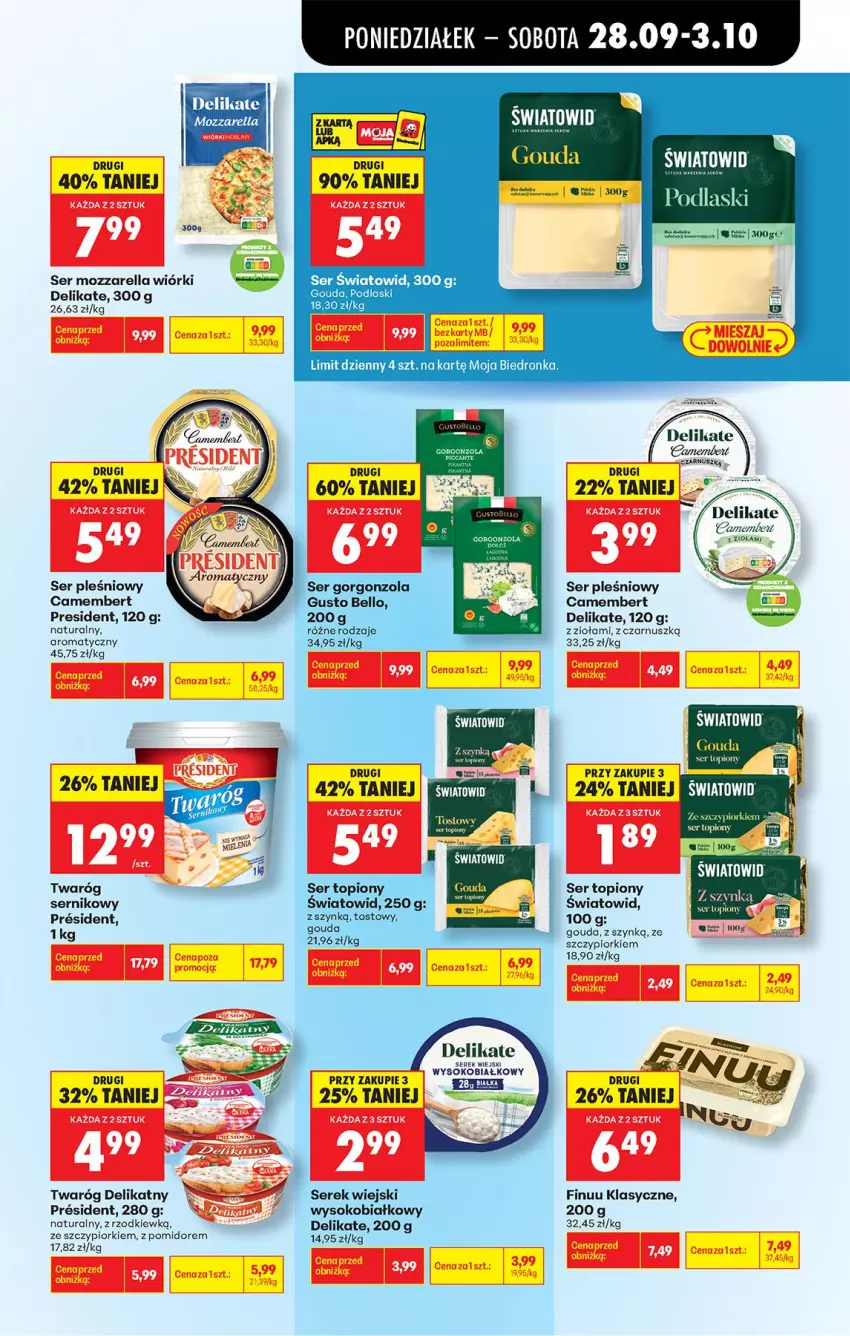 Gazetka promocyjna Biedronka - Od Poniedziałku - ważna 28.09 do 03.10.2026 - strona 61 - produkty: Bell, Camembert, Finuu, Gorgonzola, Gouda, Mozzarella, Podlaski, Ser, Ser pleśniowy, Ser topiony, Serek, Serek wiejski, Sok, Top, Twaróg, Twaróg delikatny